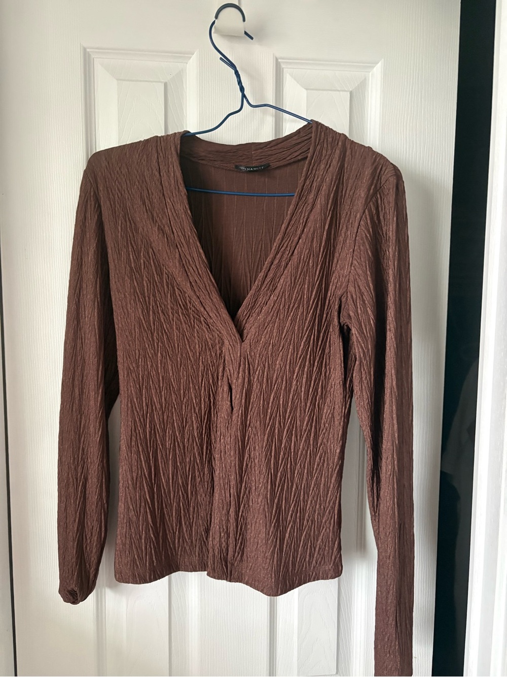 Dynamite Textured Long Sleeve Chocolate Brown Blouse